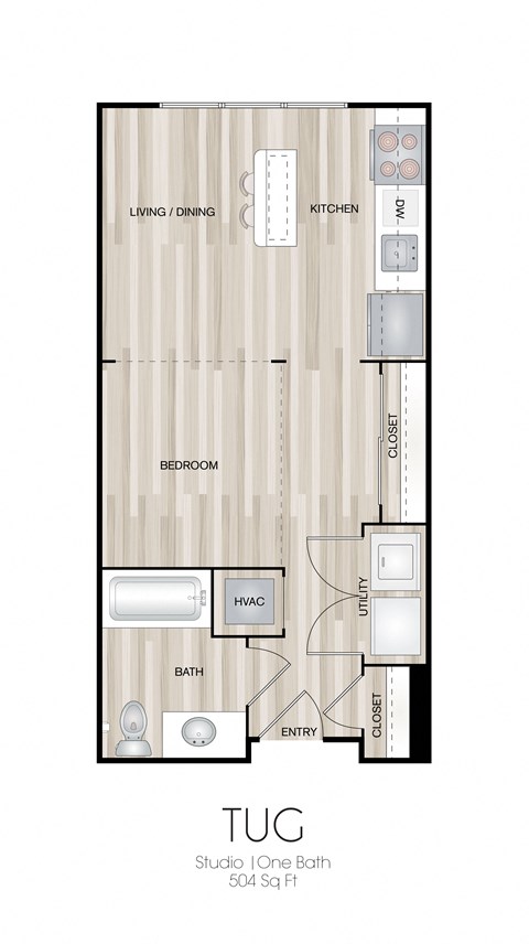 Floor plan for studio, 1 bath, 504 sqft